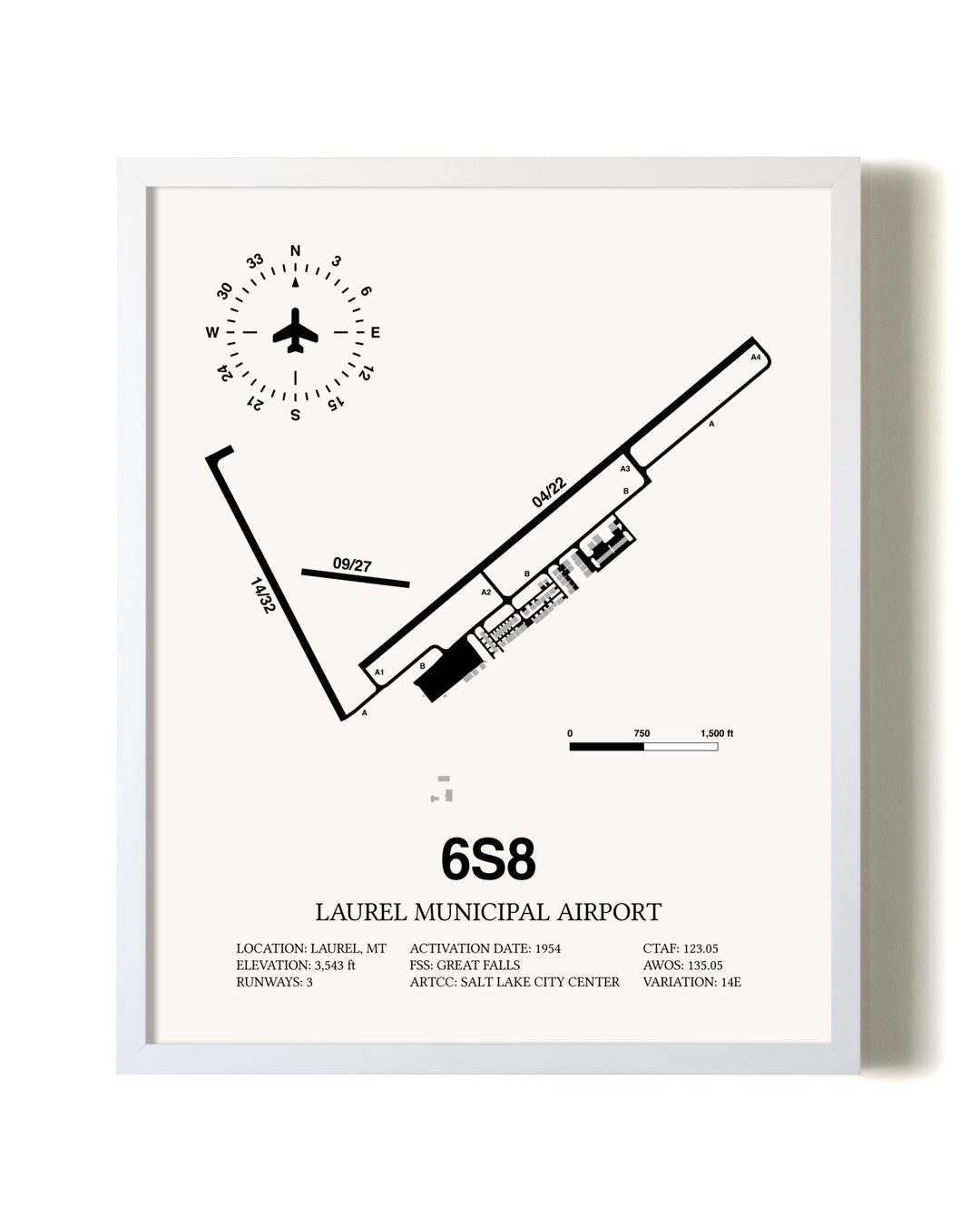 Laurel Municipal Airport airport map poster in oak frame