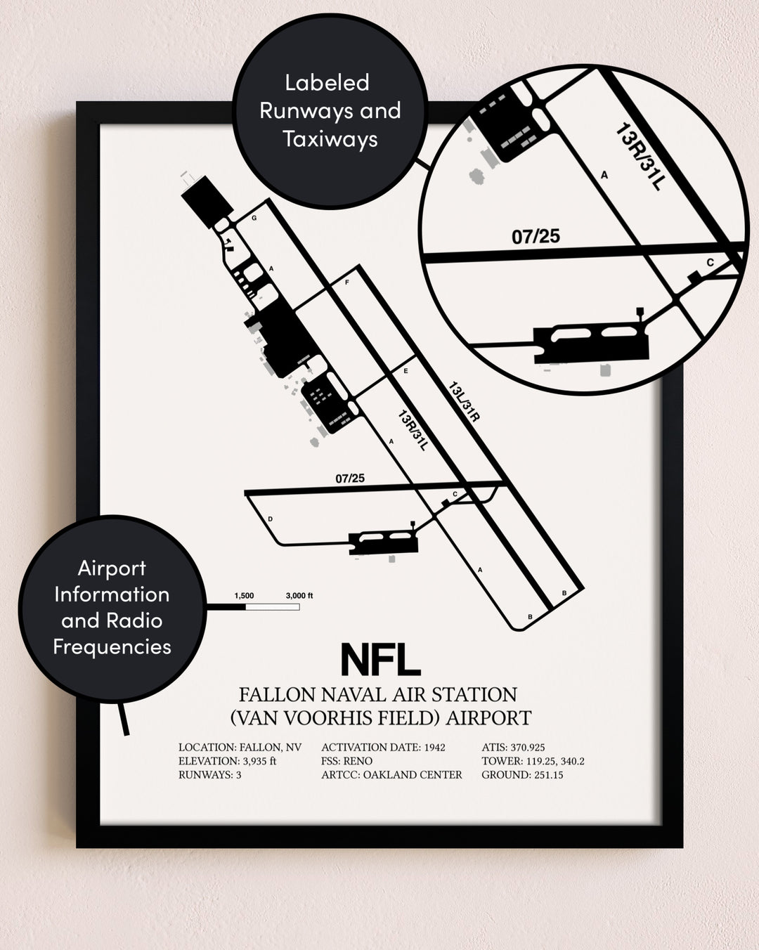 Framed Fallon Naval Air Station (Van Voorhis Field) Airport layout wall art poster