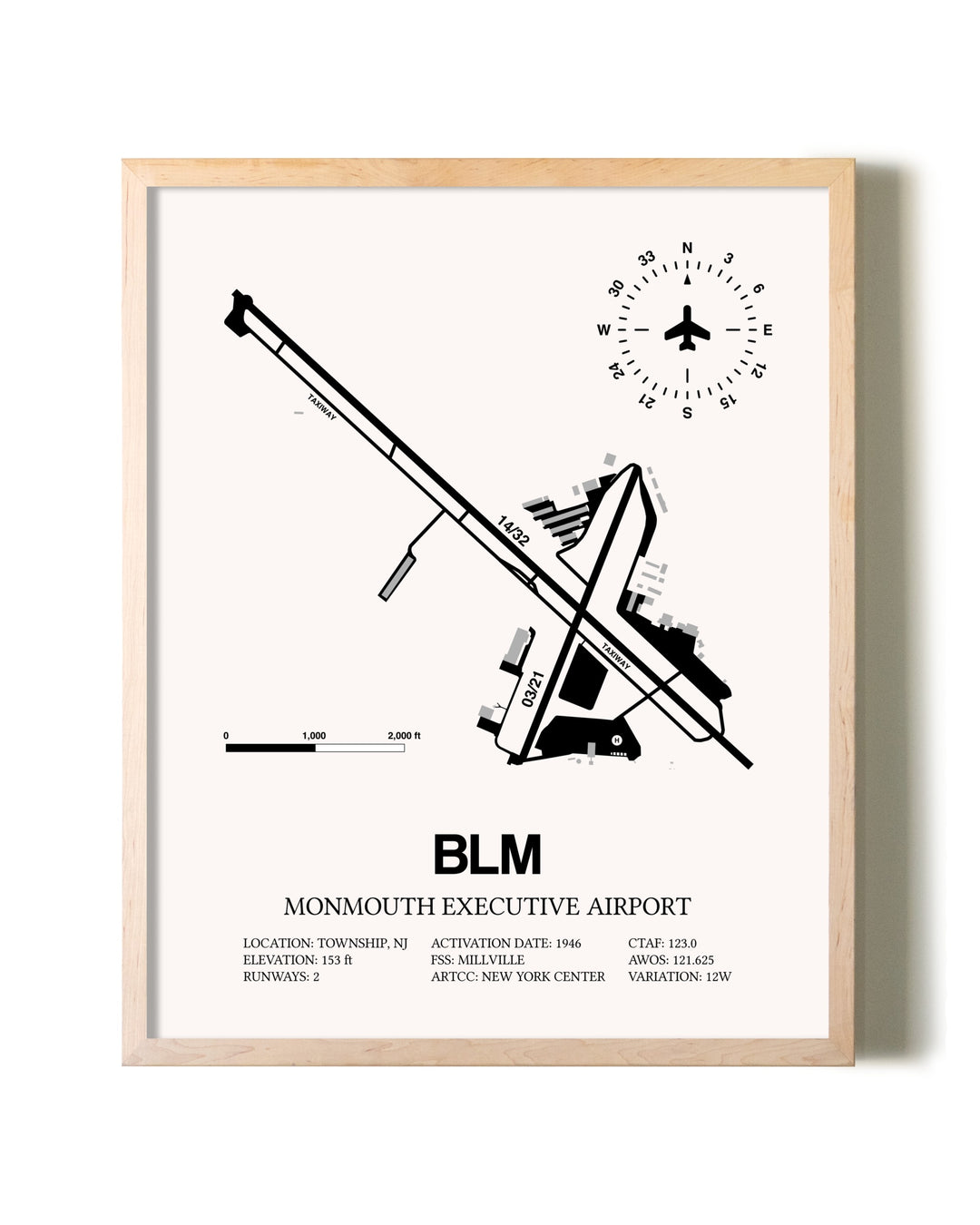 Monmouth Executive Airport framed wall art in white frame