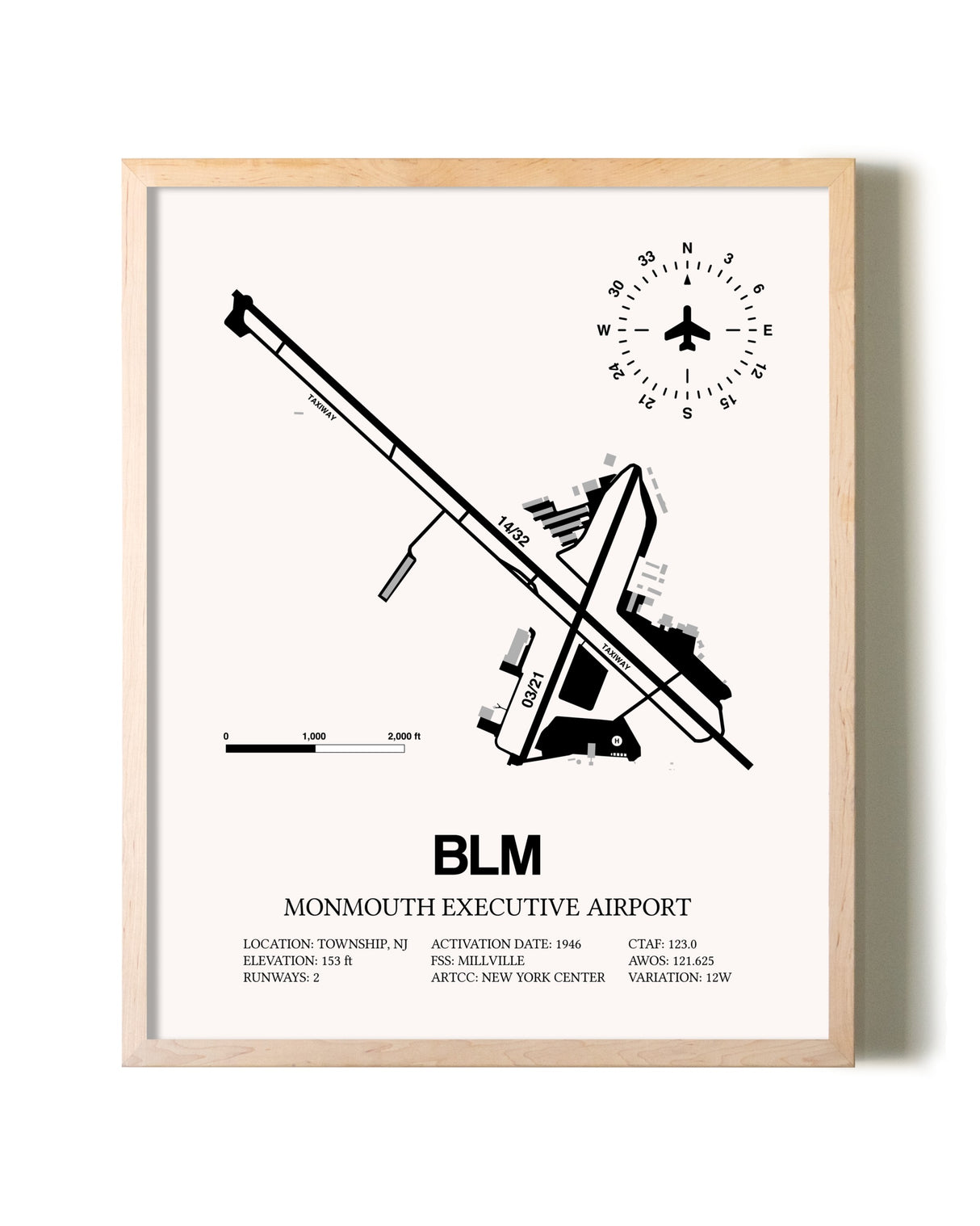 Monmouth Executive Airport framed wall art in white frame