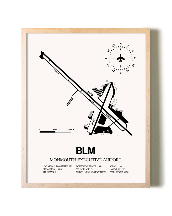 Monmouth Executive Airport framed wall art in white frame