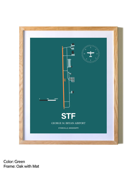 George M. Bryan Airport airport map poster in oak frame with mat