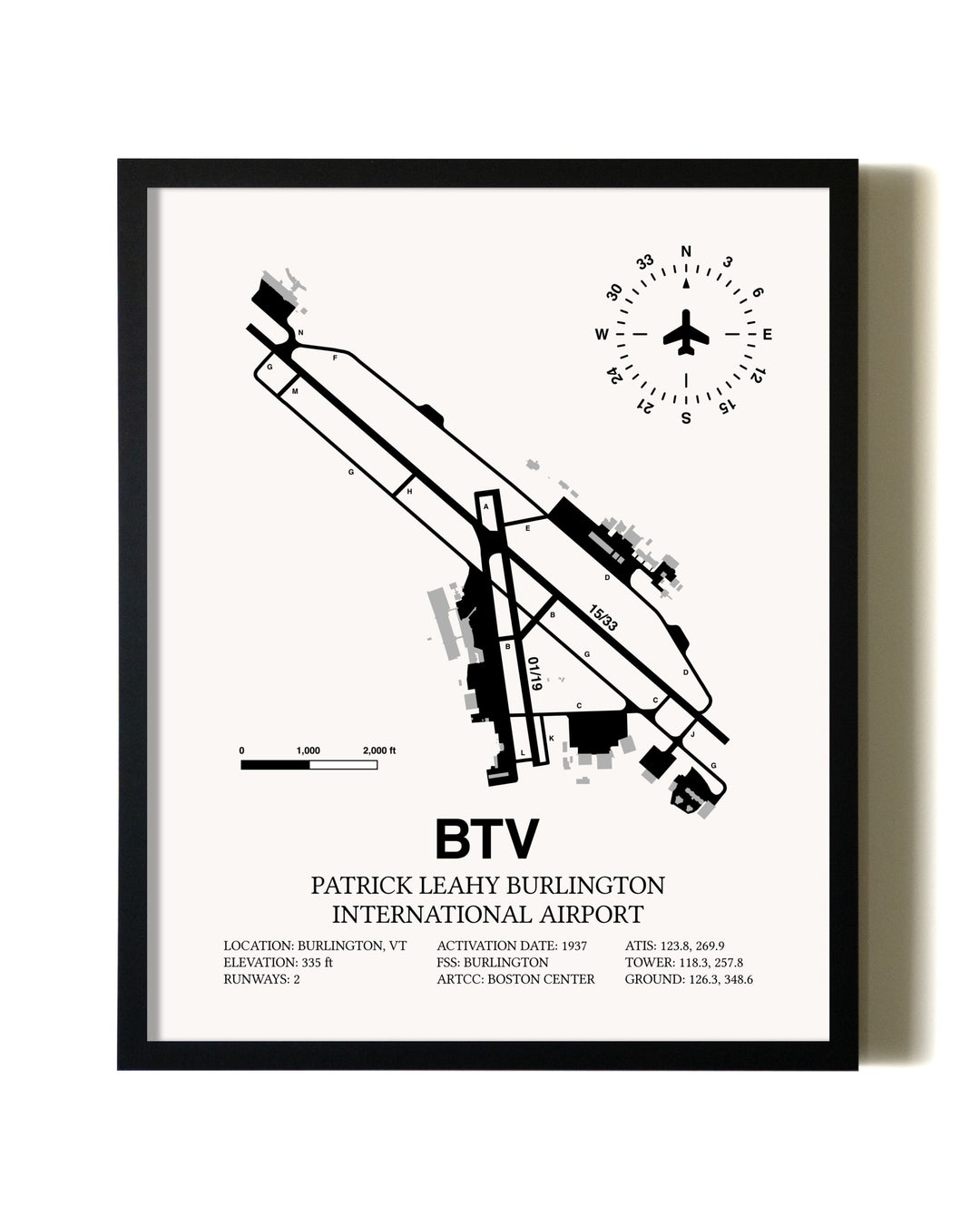 Framed Patrick Leahy Burlington International Airport wall art poster in black frame