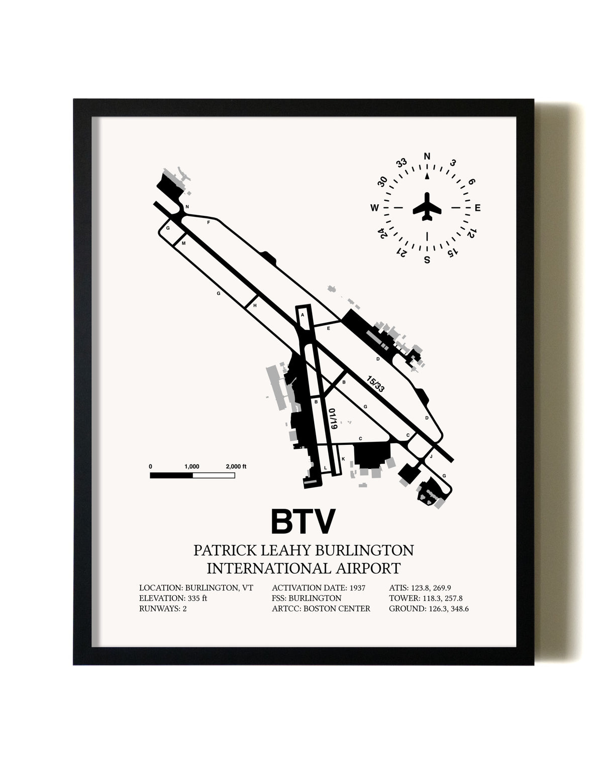 Framed Patrick Leahy Burlington International Airport wall art poster in black frame