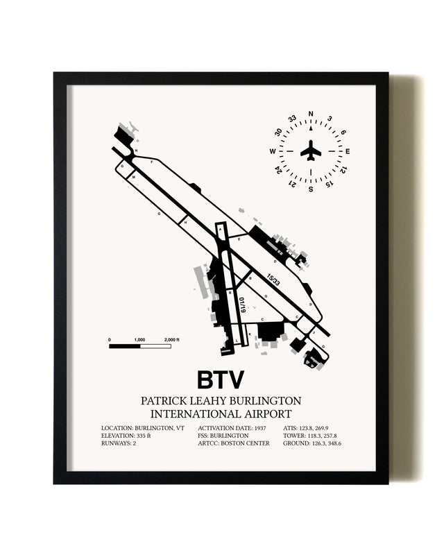 Framed Patrick Leahy Burlington International Airport wall art poster in black frame