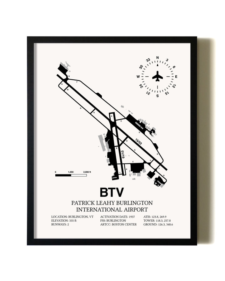 Framed Patrick Leahy Burlington International Airport wall art poster in black frame