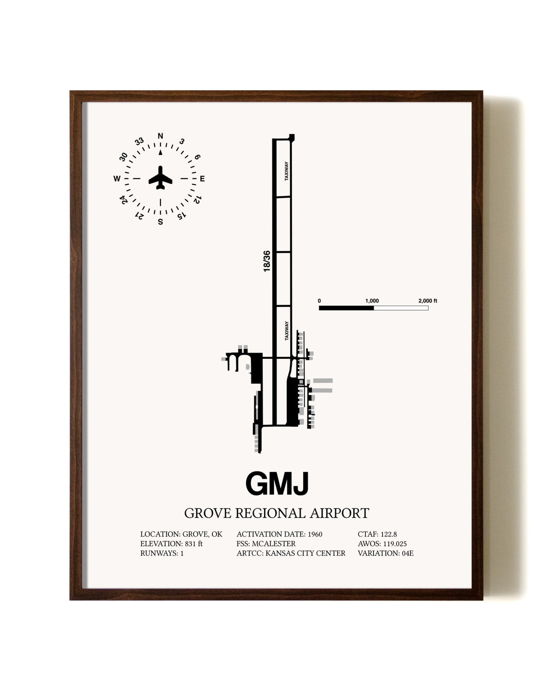 Grove Regional Airport aviation print in walnut frame