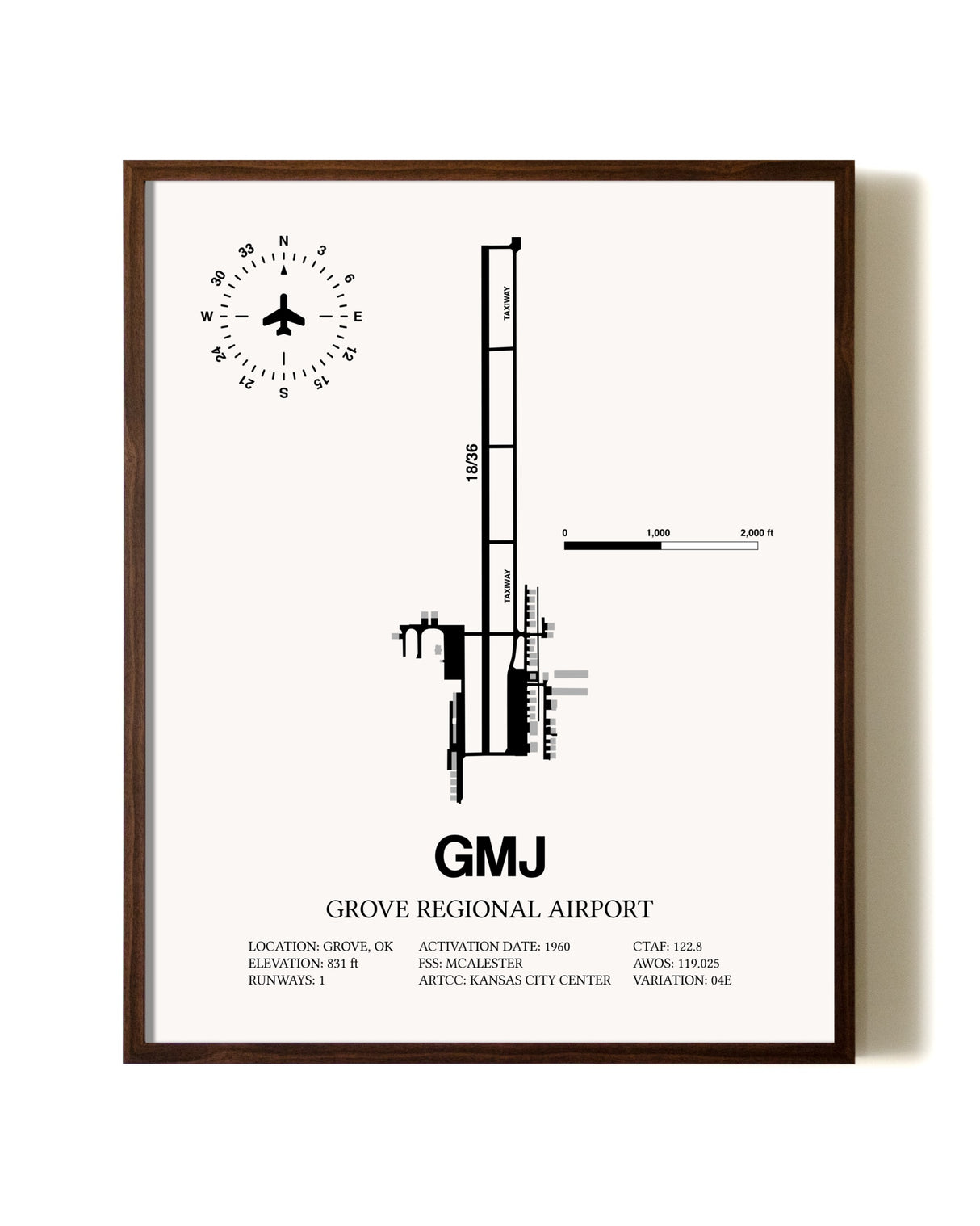 Grove Regional Airport aviation print in walnut frame