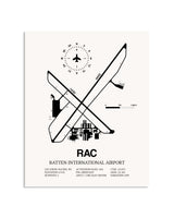 Gray Batten International Airport framed poster displayed in an airplane hangar