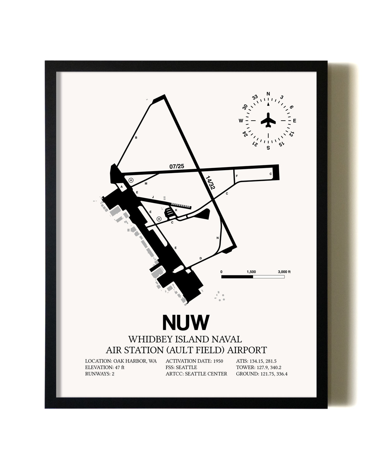 Framed Whidbey Island Naval Air Station (Ault Field) Airport wall art poster in black frame
