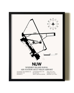 Framed Whidbey Island Naval Air Station (Ault Field) Airport wall art poster in black frame