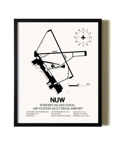 Framed Whidbey Island Naval Air Station (Ault Field) Airport wall art poster in black frame