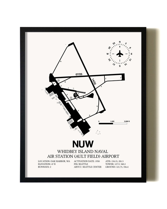 Framed Whidbey Island Naval Air Station (Ault Field) Airport wall art poster in black frame