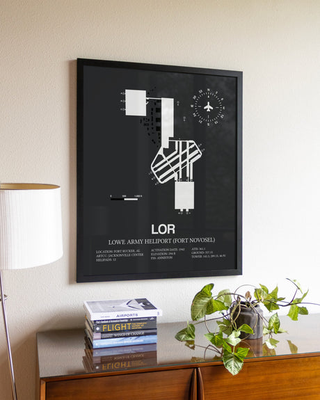 Gray Framed Lowe Army Heliport (Fort Novosel) wall art poster in black frame