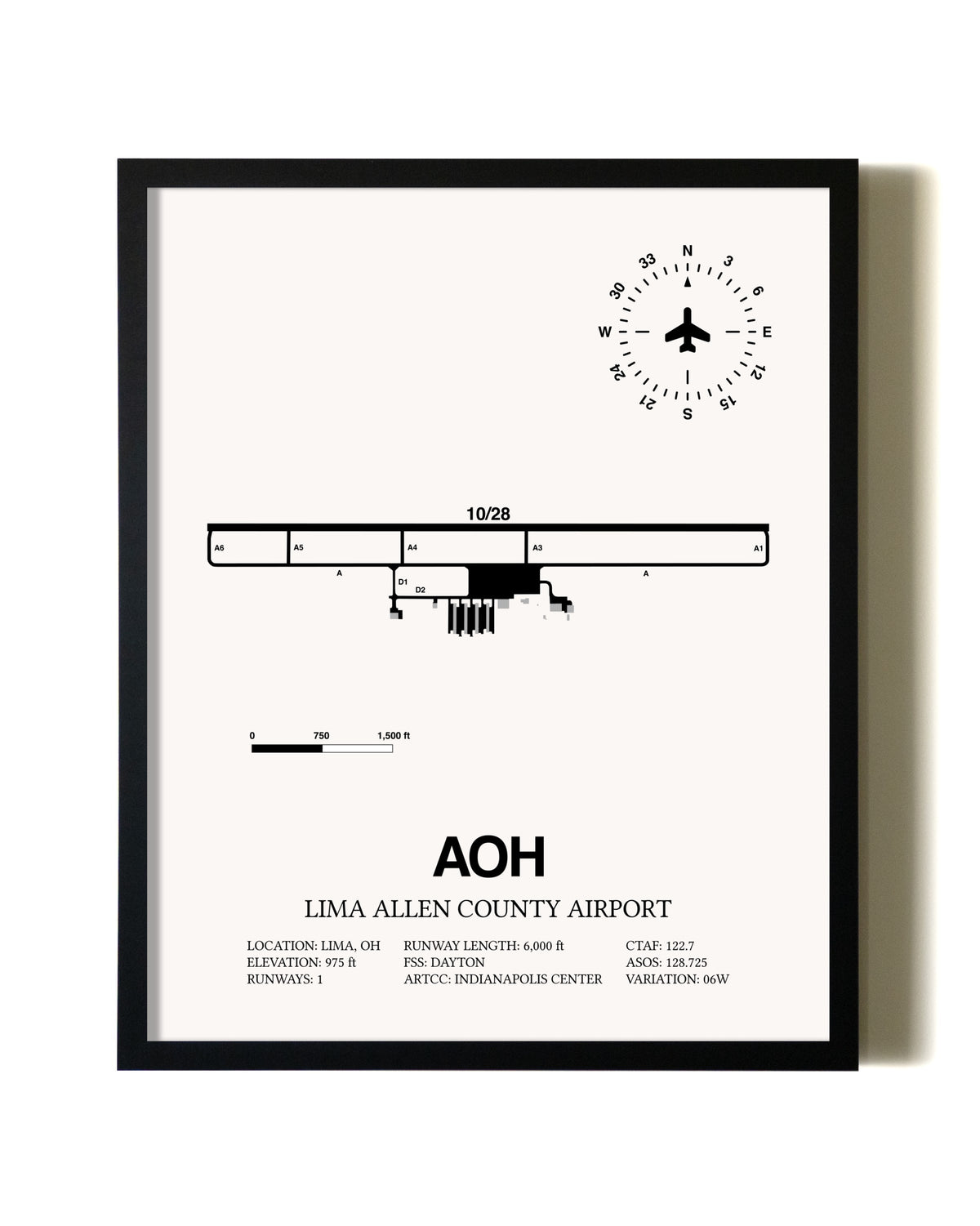 Framed Lima Allen County Airport wall art poster in black frame