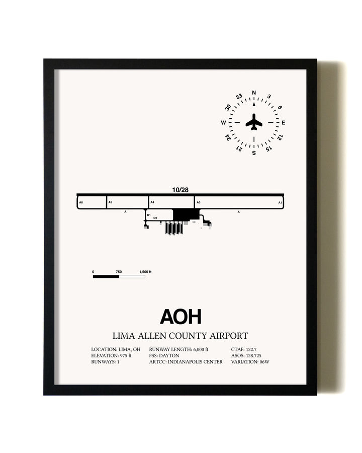 Framed Lima Allen County Airport wall art poster in black frame
