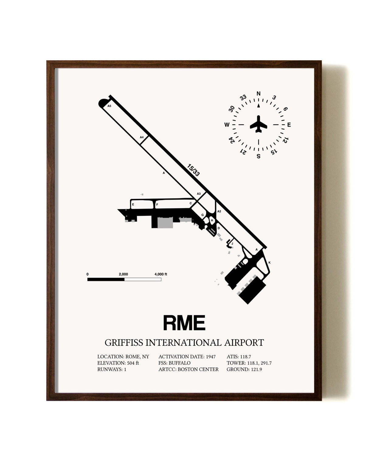 Griffiss International Airport aviation print in walnut frame