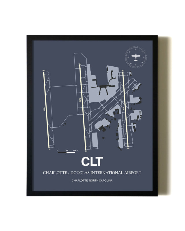 Framed Charlotte / Douglas International Airport wall art poster in black frame