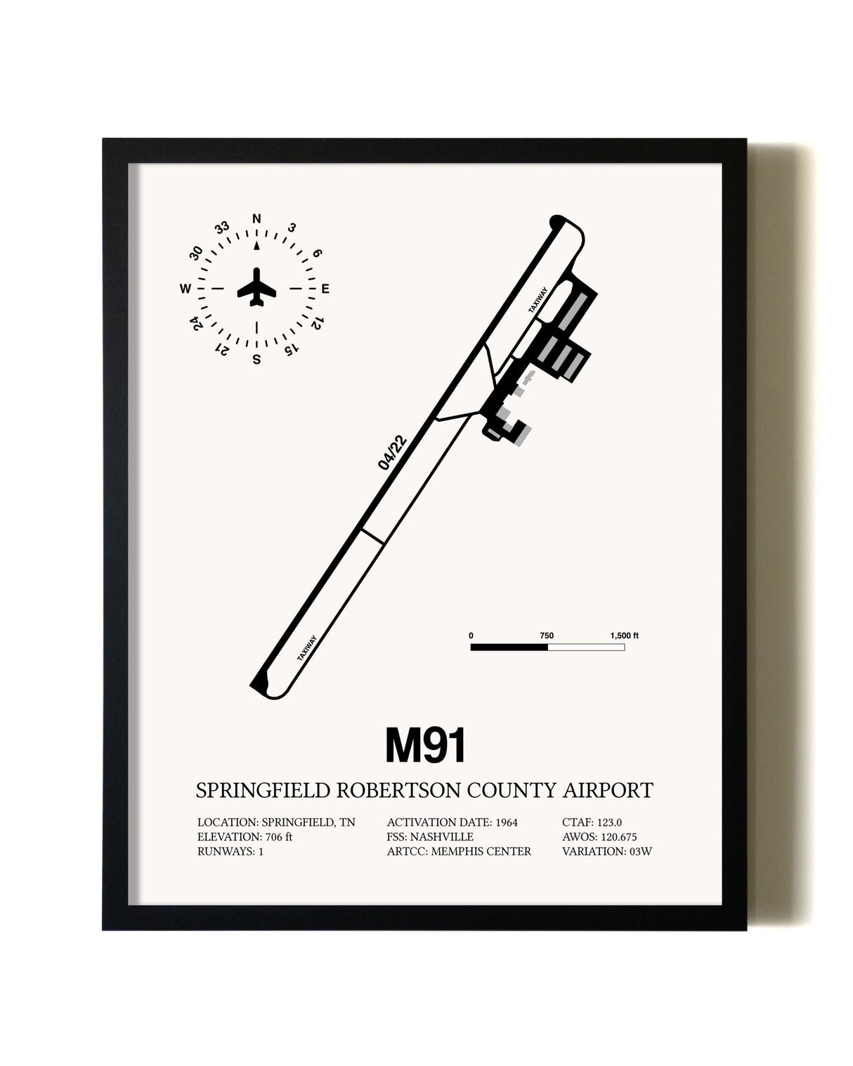 Framed Springfield Robertson County Airport wall art poster in black frame