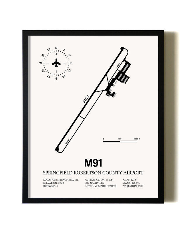 Framed Springfield Robertson County Airport wall art poster in black frame