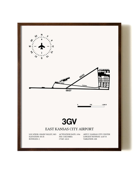 East Kansas City Airport aviation print in walnut frame