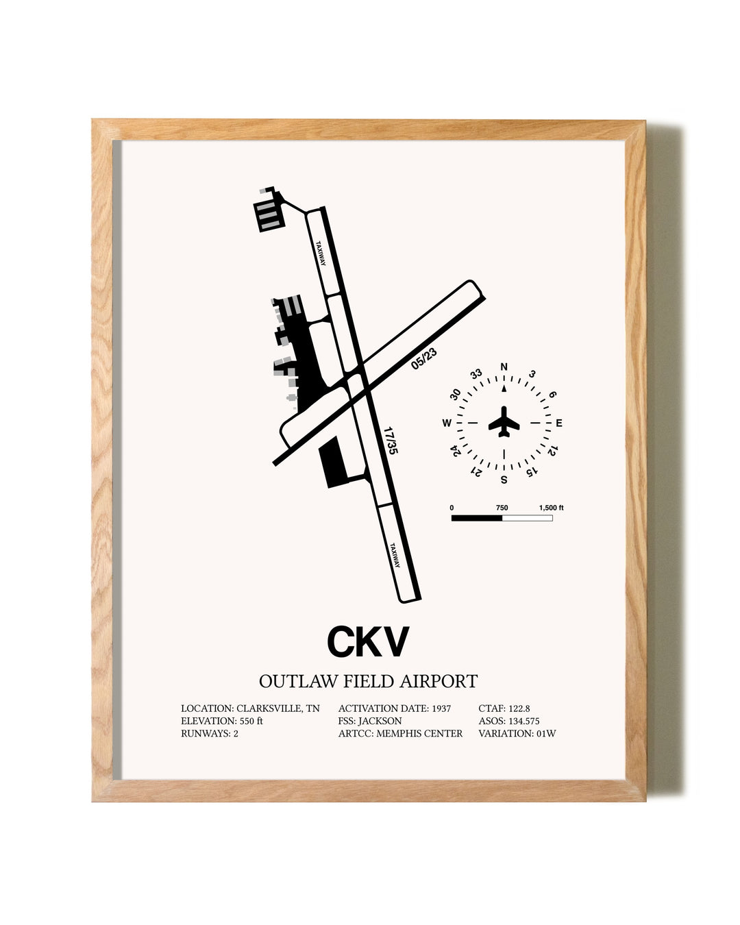 Outlaw Field Airport framed print in natural wood frame