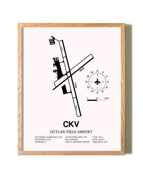 Outlaw Field Airport framed print in natural wood frame