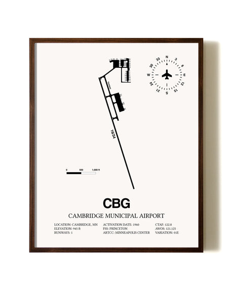 Cambridge Municipal Airport aviation print in walnut frame