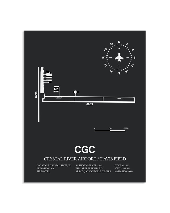 Gray Framed Crystal River Airport / Davis Field layout wall art poster