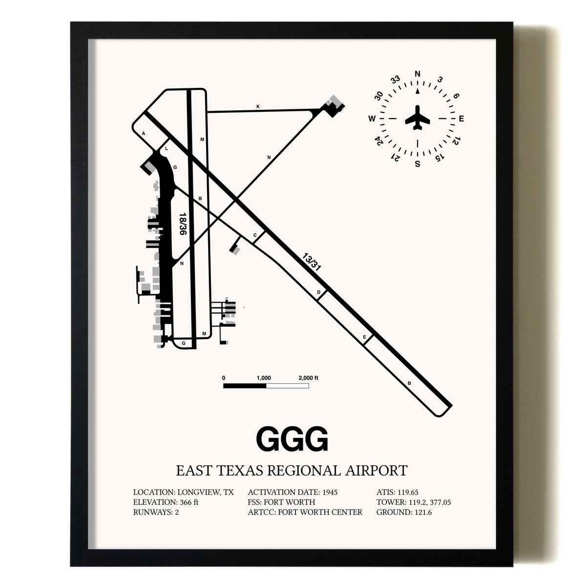 East Texas Regional Airport Map Wall Art Framed Print – GGG Aviation ...