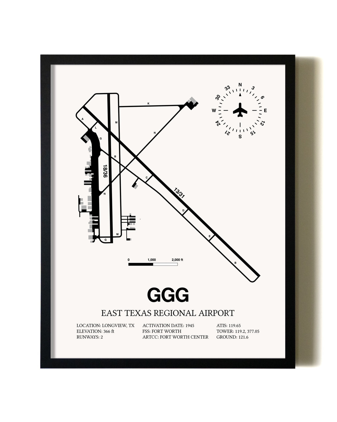 Framed East Texas Regional Airport wall art poster in black frame
