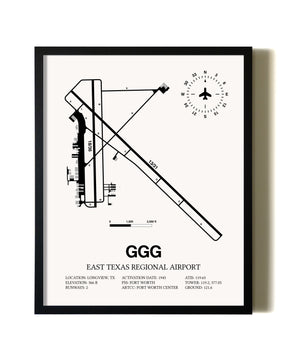 Framed East Texas Regional Airport wall art poster in black frame