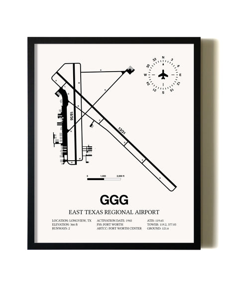 Framed East Texas Regional Airport wall art poster in black frame