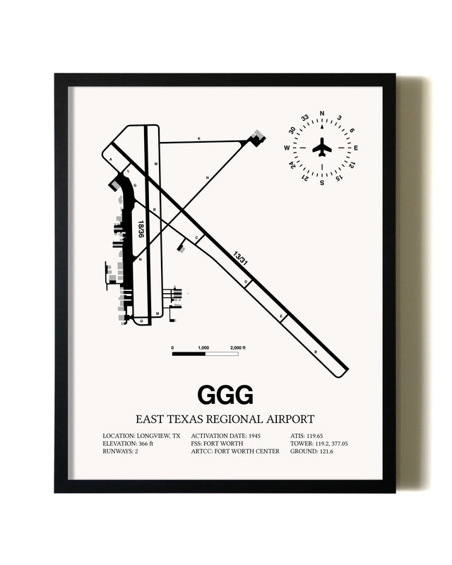 Framed East Texas Regional Airport wall art poster in black frame