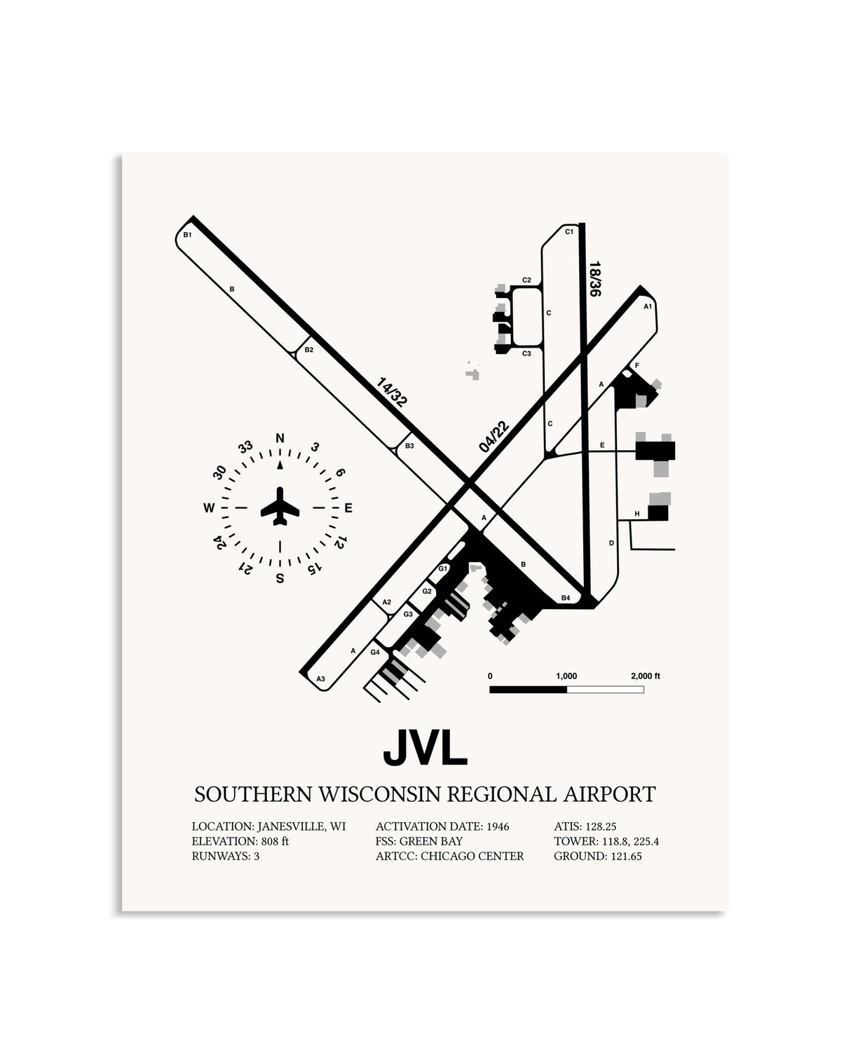 Gray Southern Wisconsin Regional Airport framed poster displayed in an airplane hangar