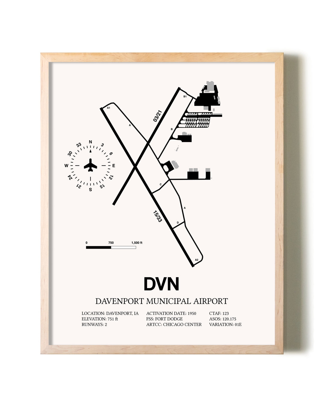 Davenport Municipal Airport framed wall art in white frame