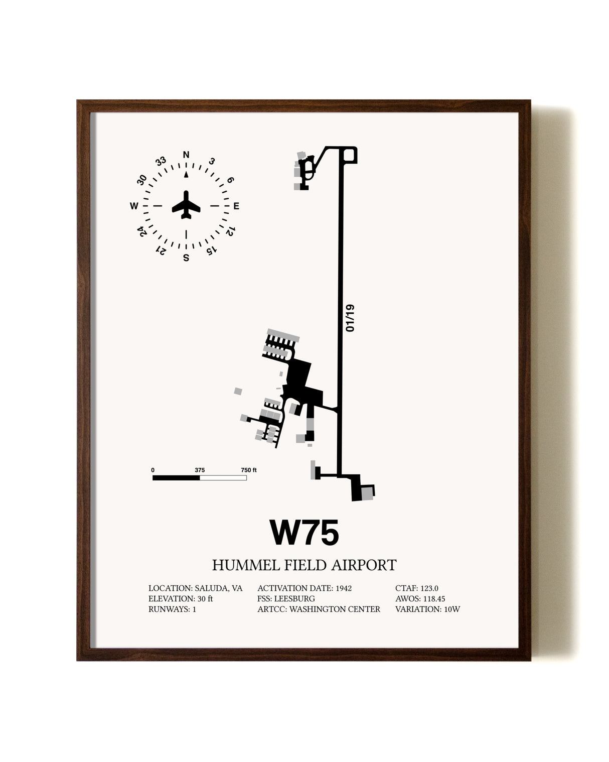 Hummel Field Airport aviation print in walnut frame