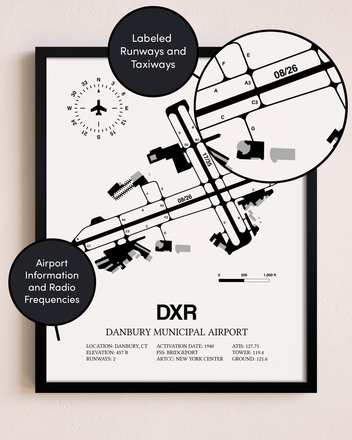 Framed Danbury Municipal Airport layout wall art poster