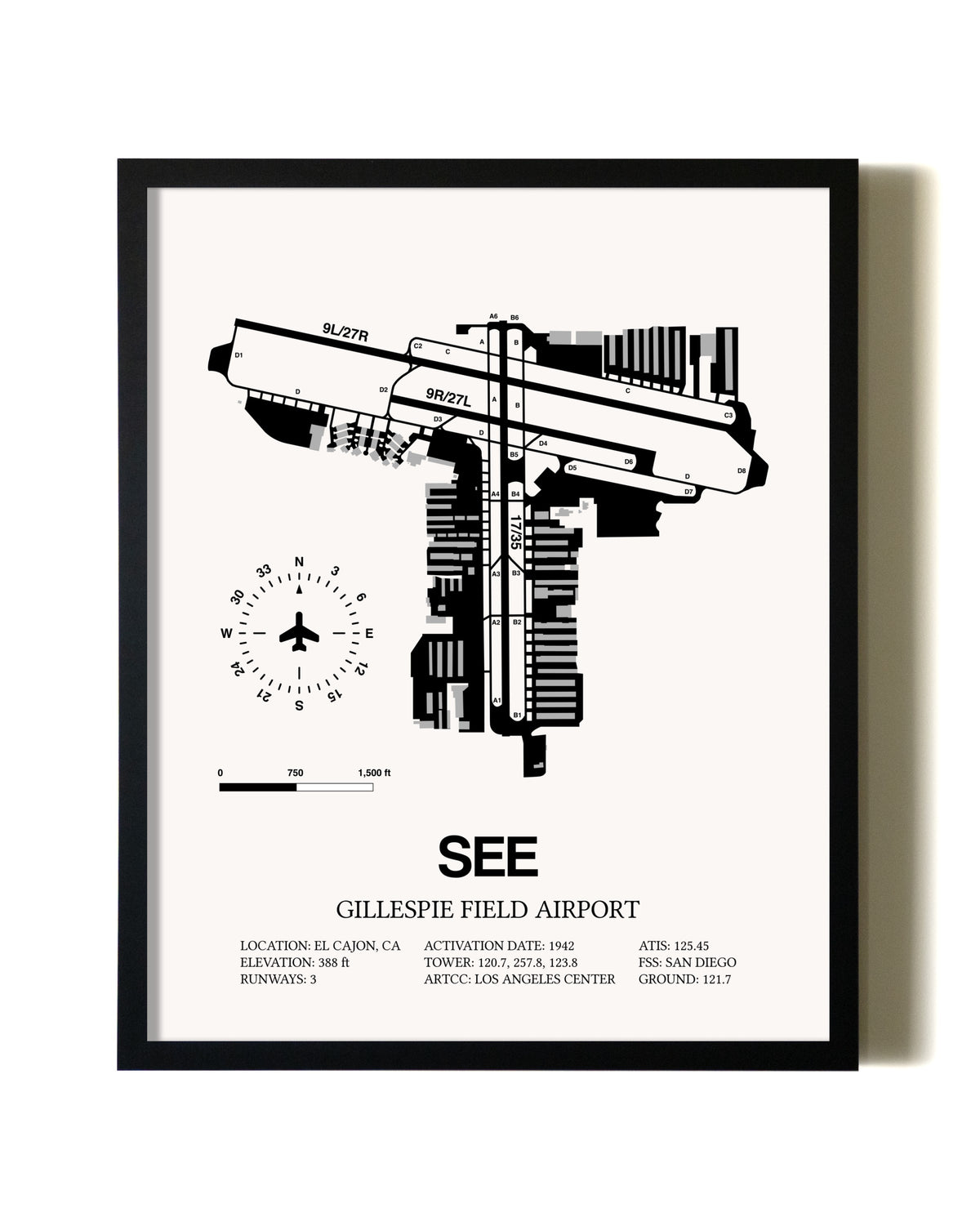 Framed Gillespie Field Airport wall art poster in black frame