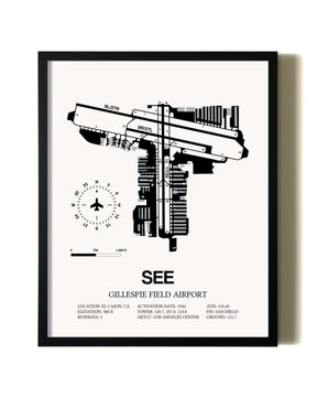 Framed Gillespie Field Airport wall art poster in black frame