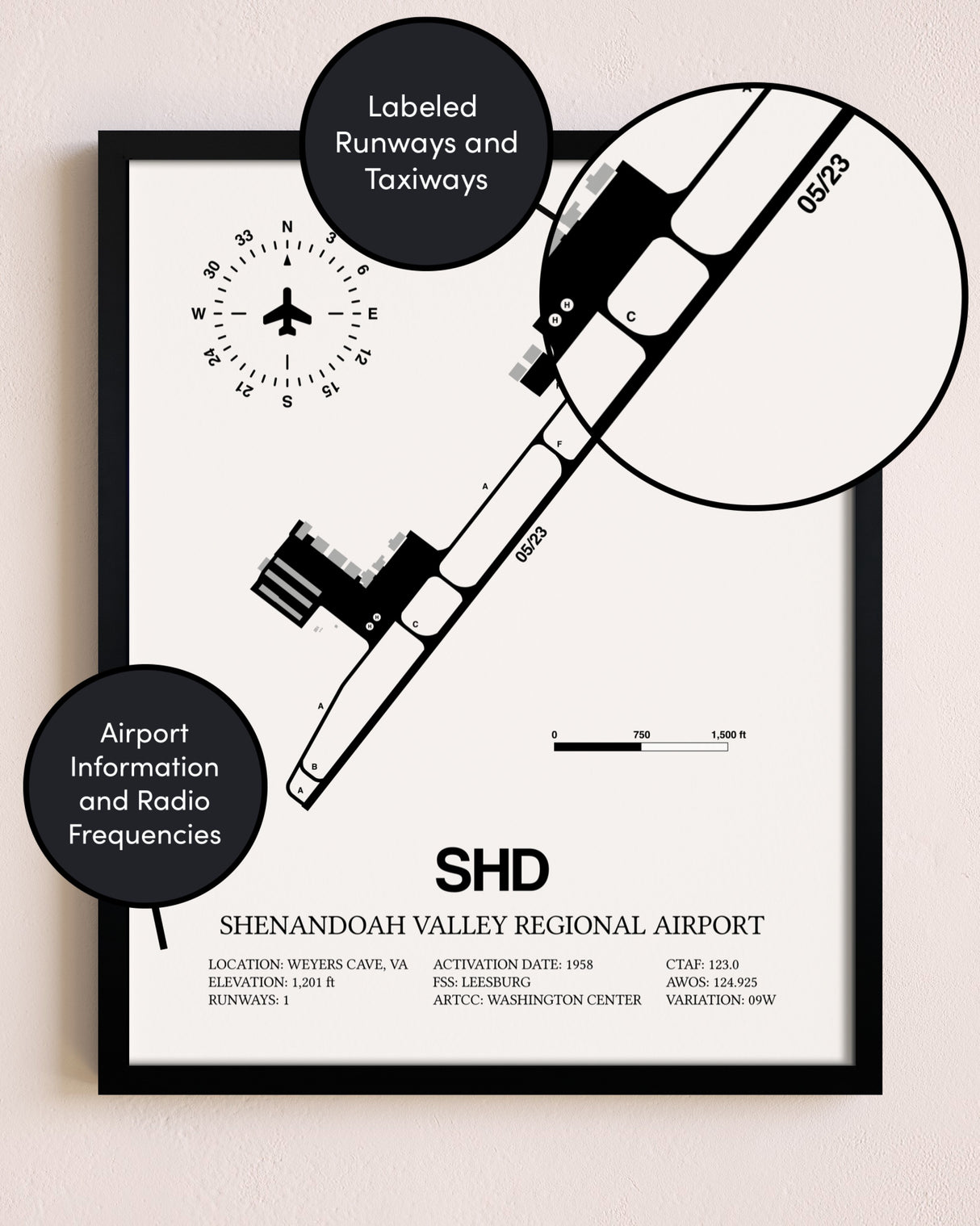 Framed Shenandoah Valley Regional Airport layout wall art poster