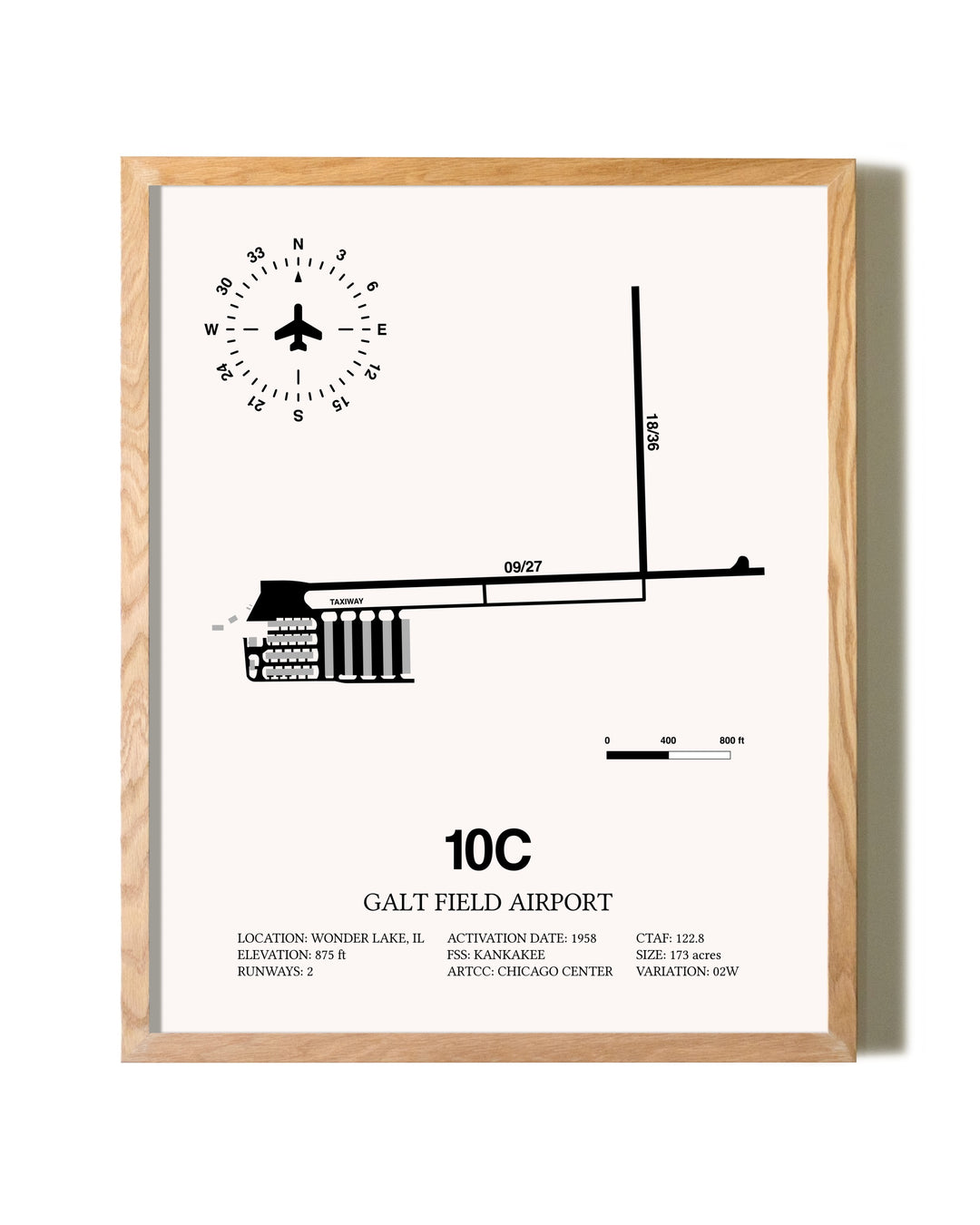 Galt Field Airport framed print in natural wood frame