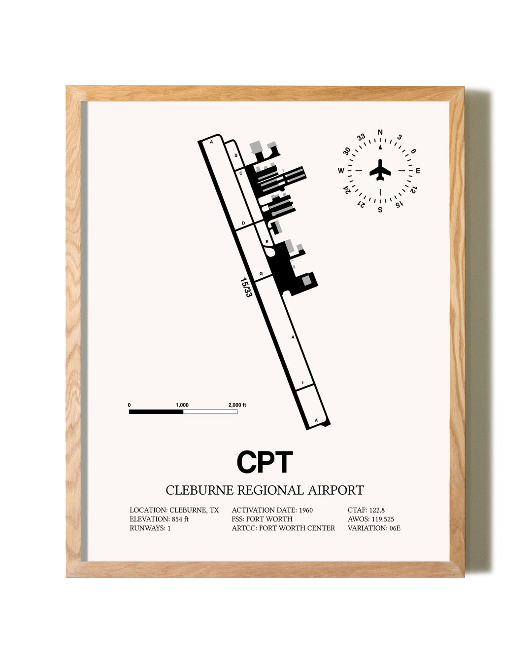 Cleburne Regional Airport framed print in natural wood frame