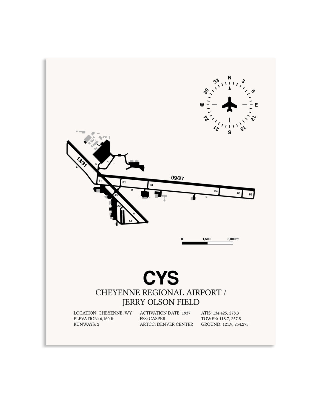 Gray Cheyenne Regional Airport / Jerry Olson Field framed poster displayed in an airplane hangar