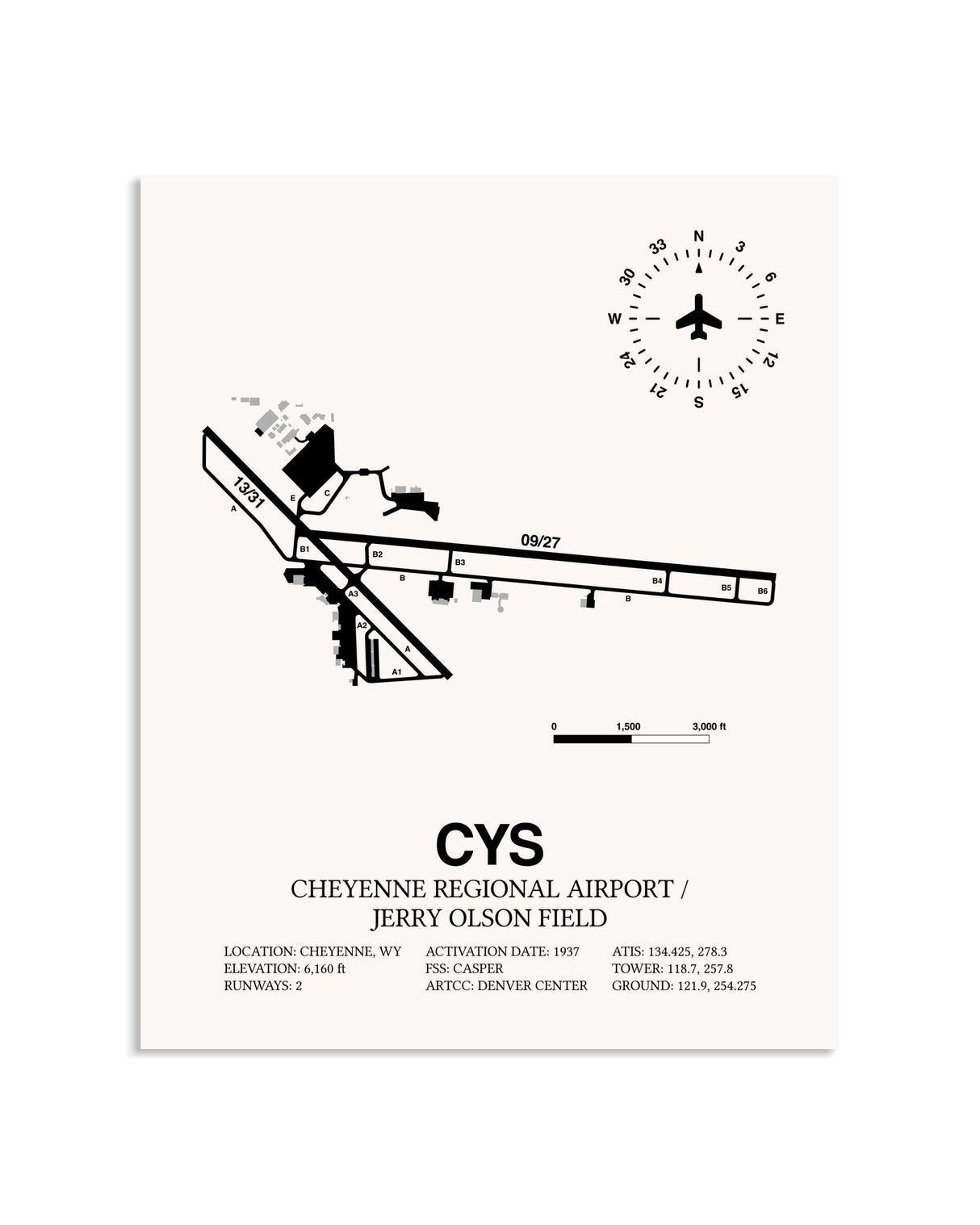 Gray Cheyenne Regional Airport / Jerry Olson Field framed poster displayed in an airplane hangar