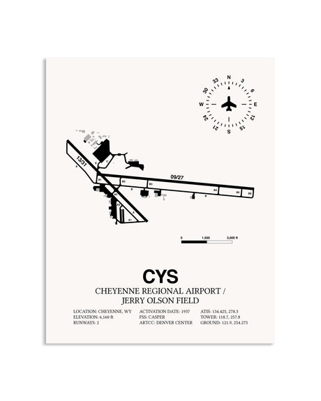 Gray Cheyenne Regional Airport / Jerry Olson Field framed poster displayed in an airplane hangar