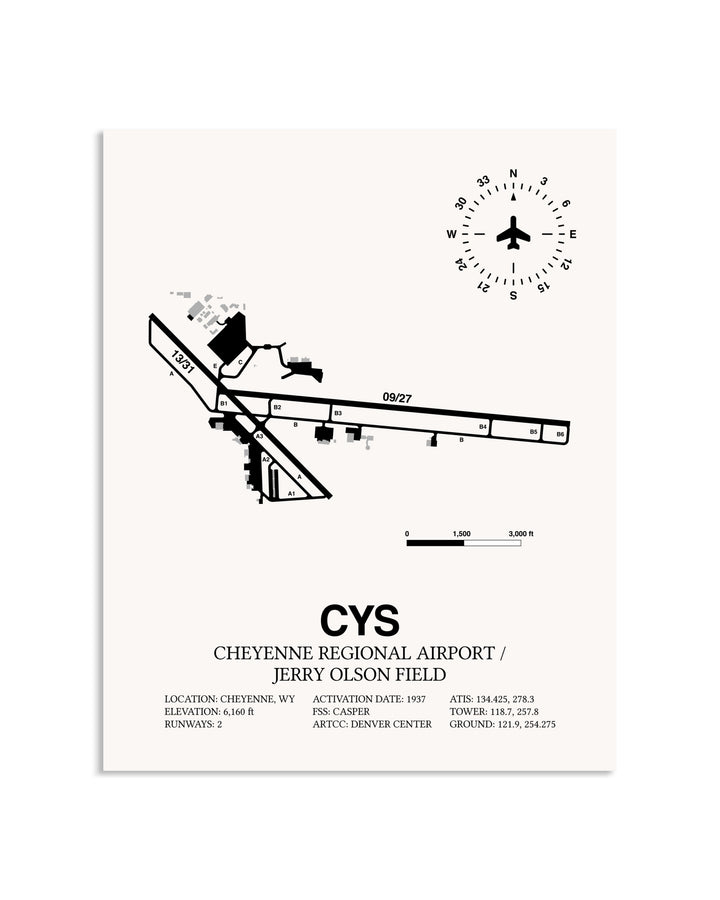 Gray Cheyenne Regional Airport / Jerry Olson Field framed poster displayed in an airplane hangar