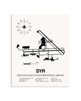 Gray Syracuse Hancock International Airport framed poster displayed in an airplane hangar