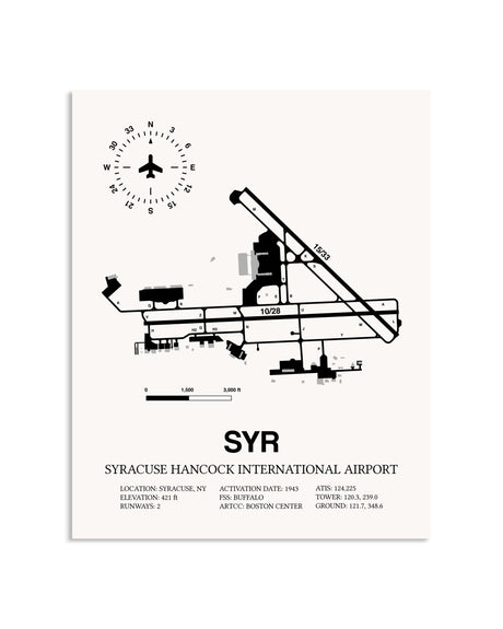 Gray Syracuse Hancock International Airport framed poster displayed in an airplane hangar