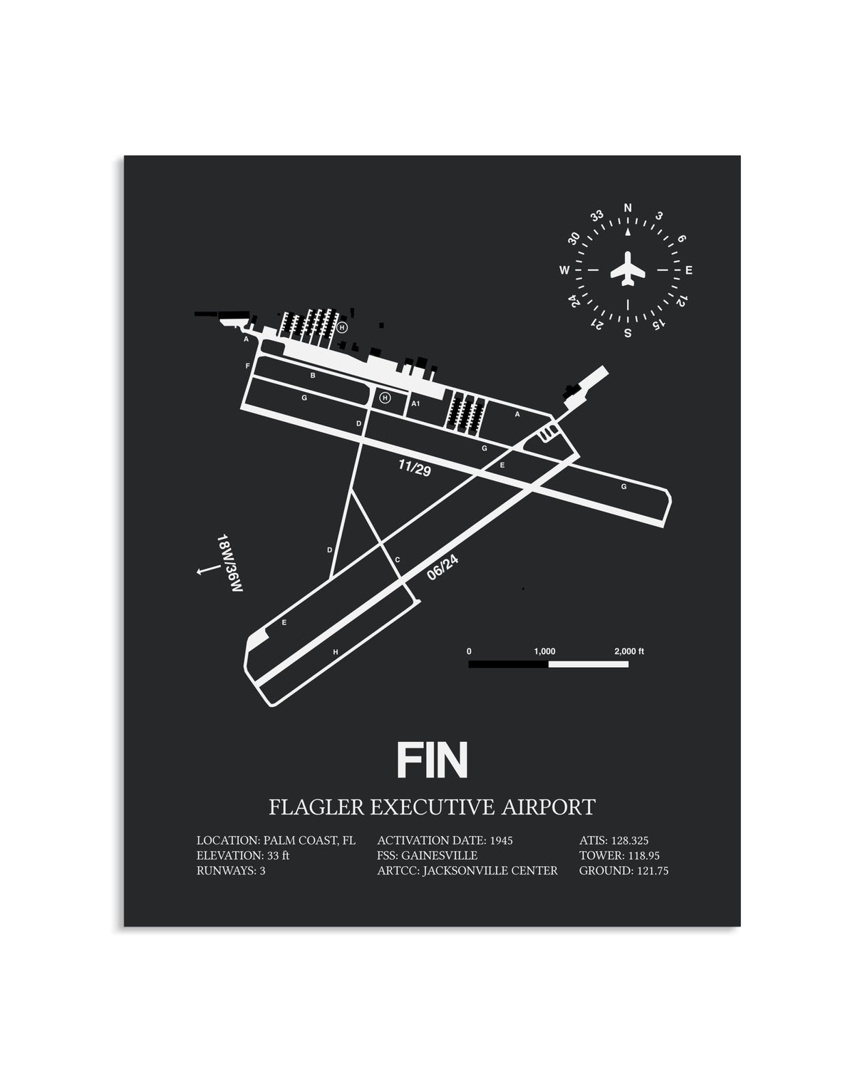 Gray Framed Flagler Executive Airport layout wall art poster
